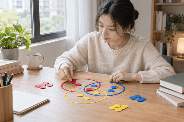 行测三集合容斥题中，‘至少参加一项’与‘只参加两项’怎样避免重复计数？