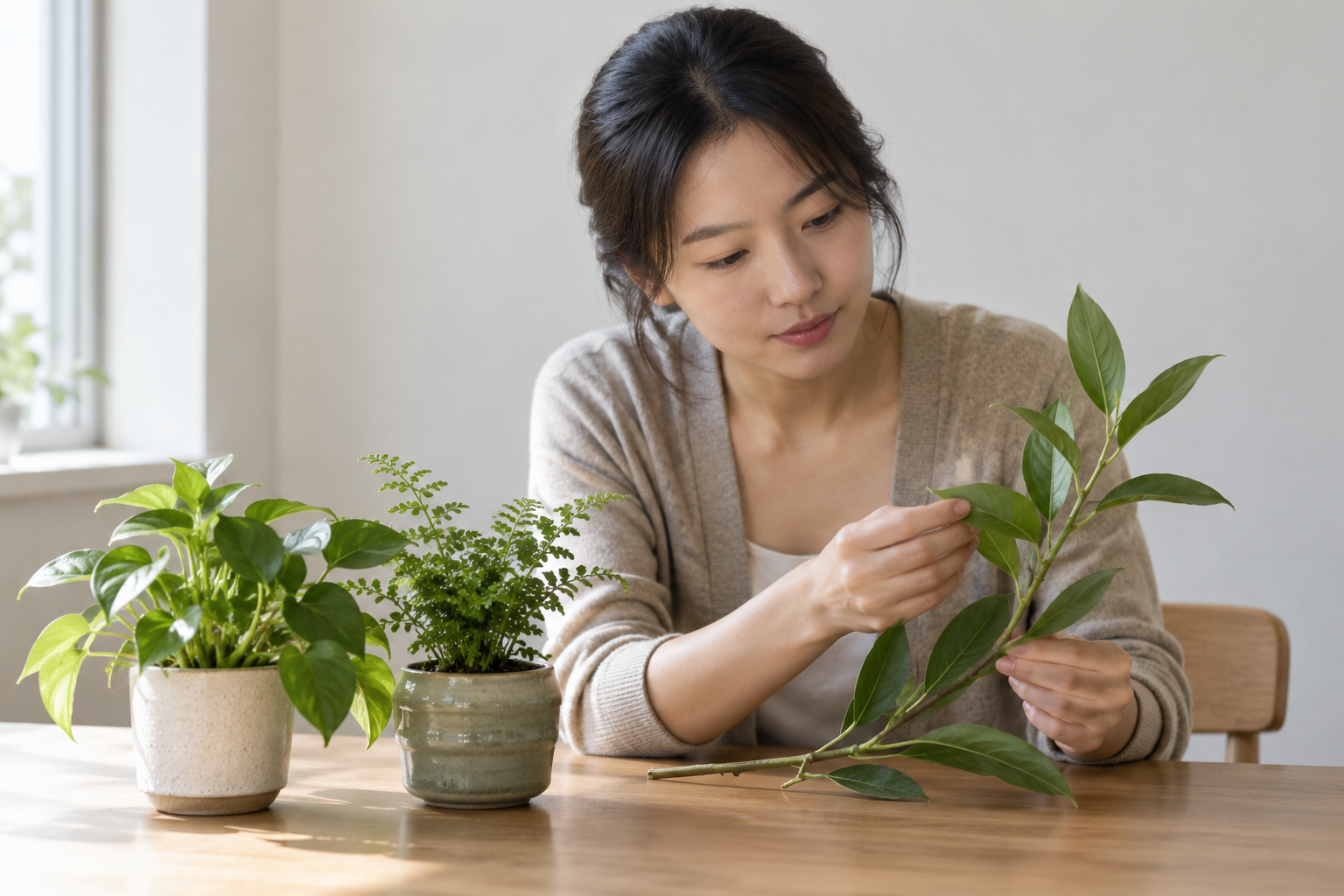 成年女性考生在两盆绿植旁观察一段枝条，学习植物繁殖概念