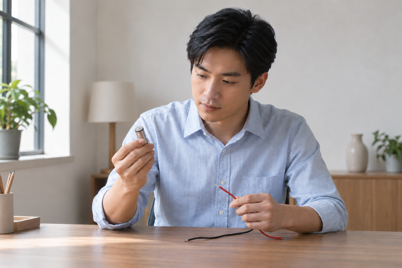 虚构中国成年男考生在书桌旁观察未连接的电池形教学道具与线材