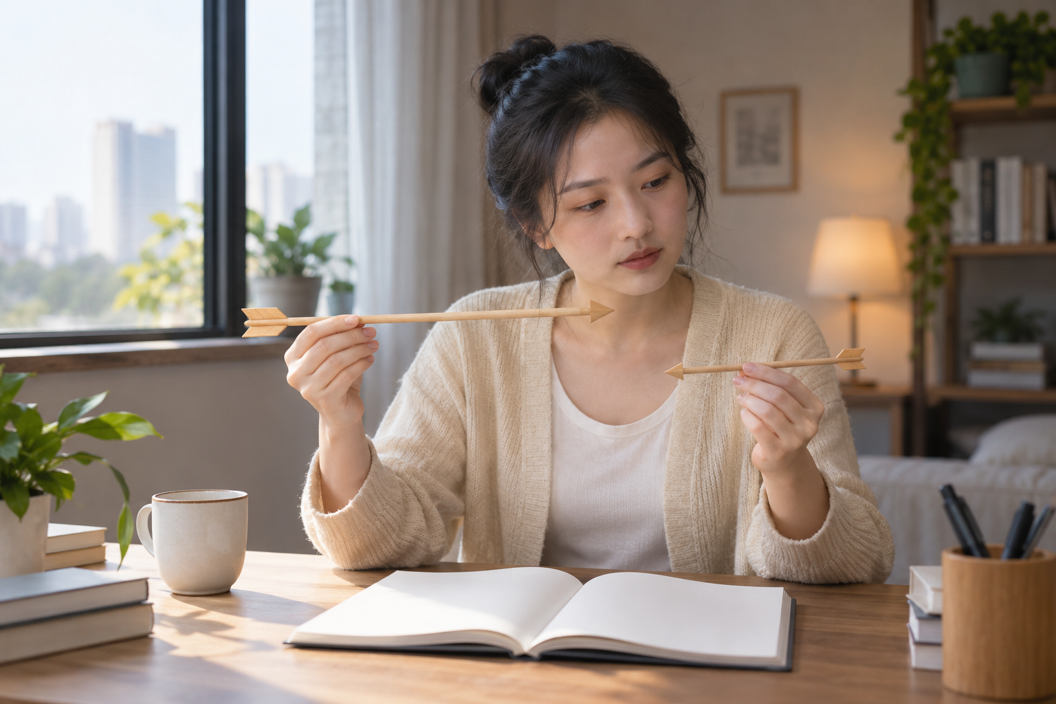 中国成年女考生在窗边学习桌对照两支无字木箭头思考往返路程