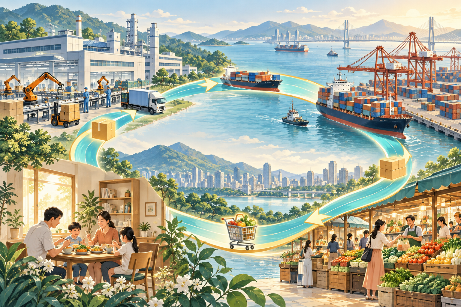 生产流通消费构成畅通循环的主题插画
