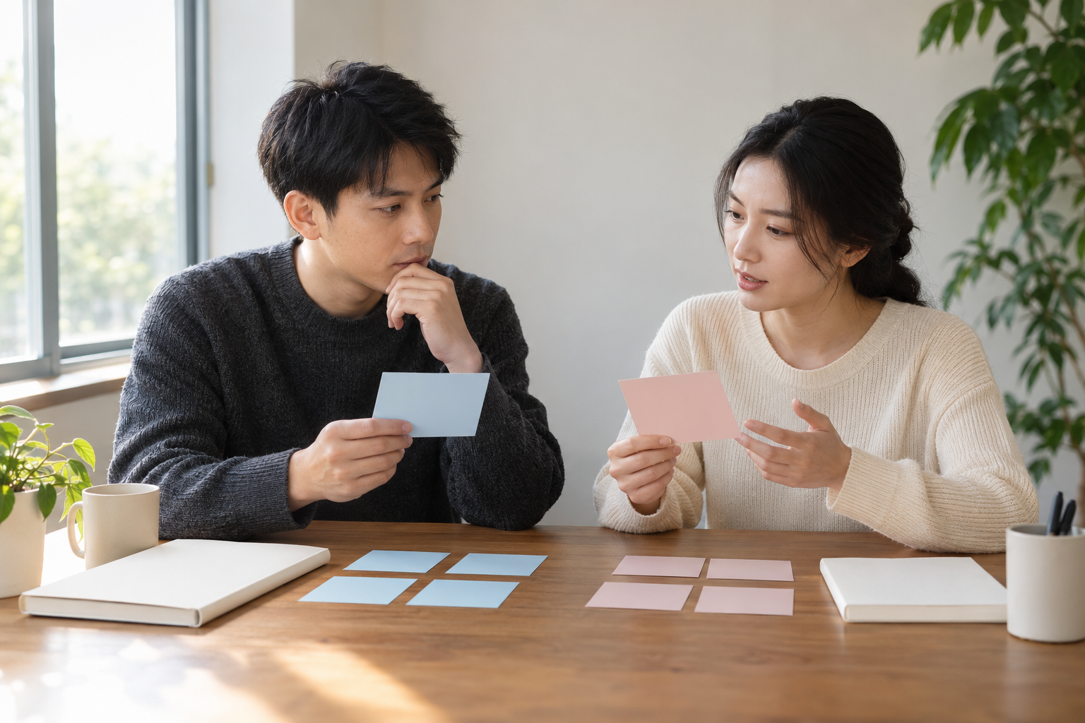 两名中国成年考生用不同色无字卡讨论相反答案的作用