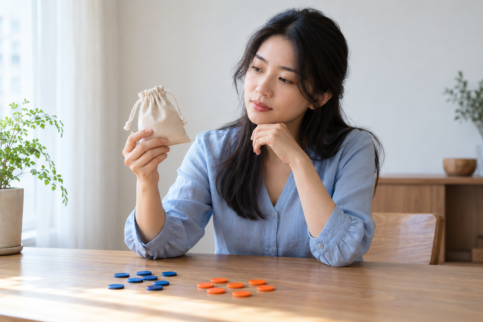 虚构中国成年女考生在学习桌旁观察素色布袋与蓝橙色计数片