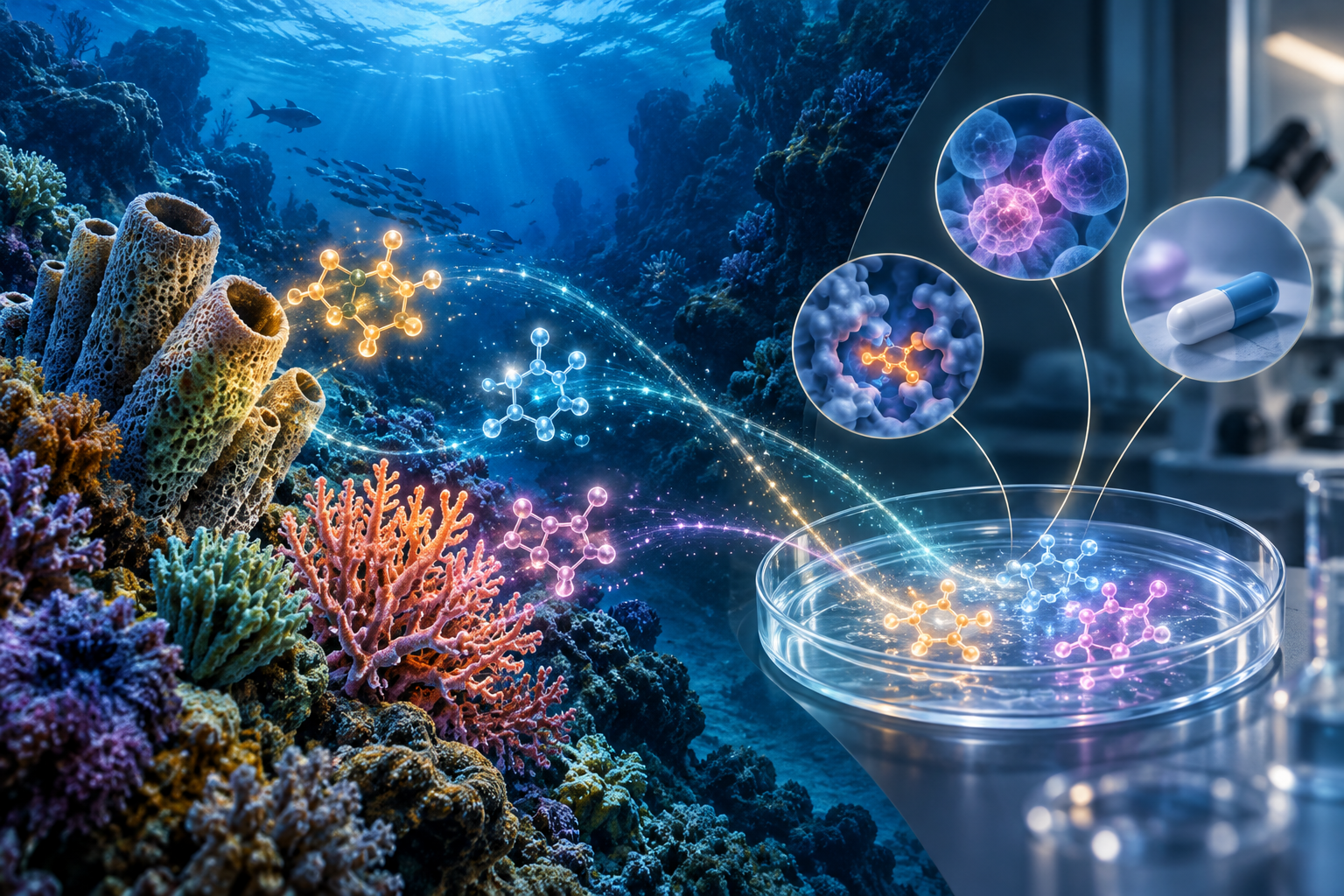 海洋生物与候选药物之间的证据关联插画
