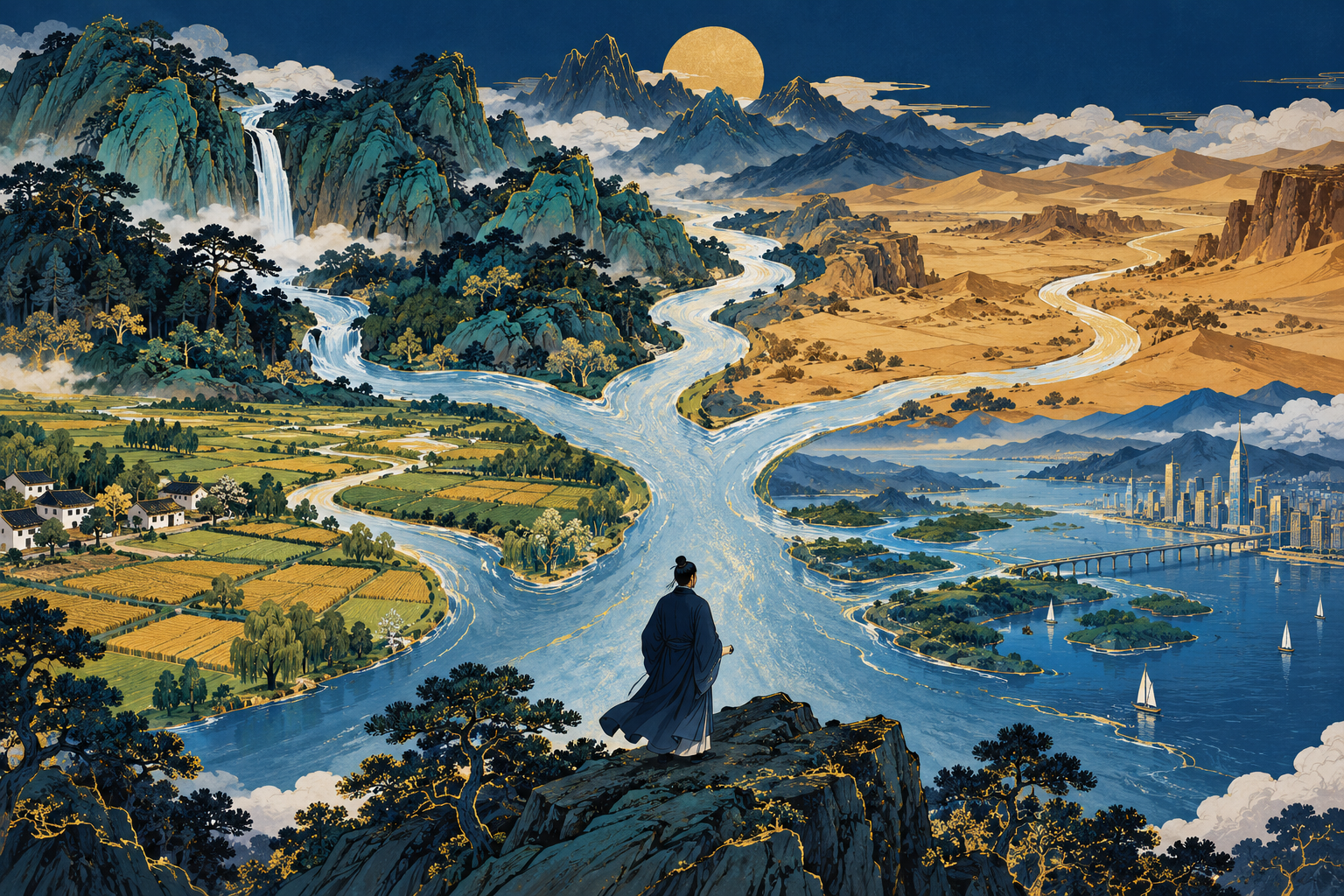 共同河系与不同地形分支的教育插画