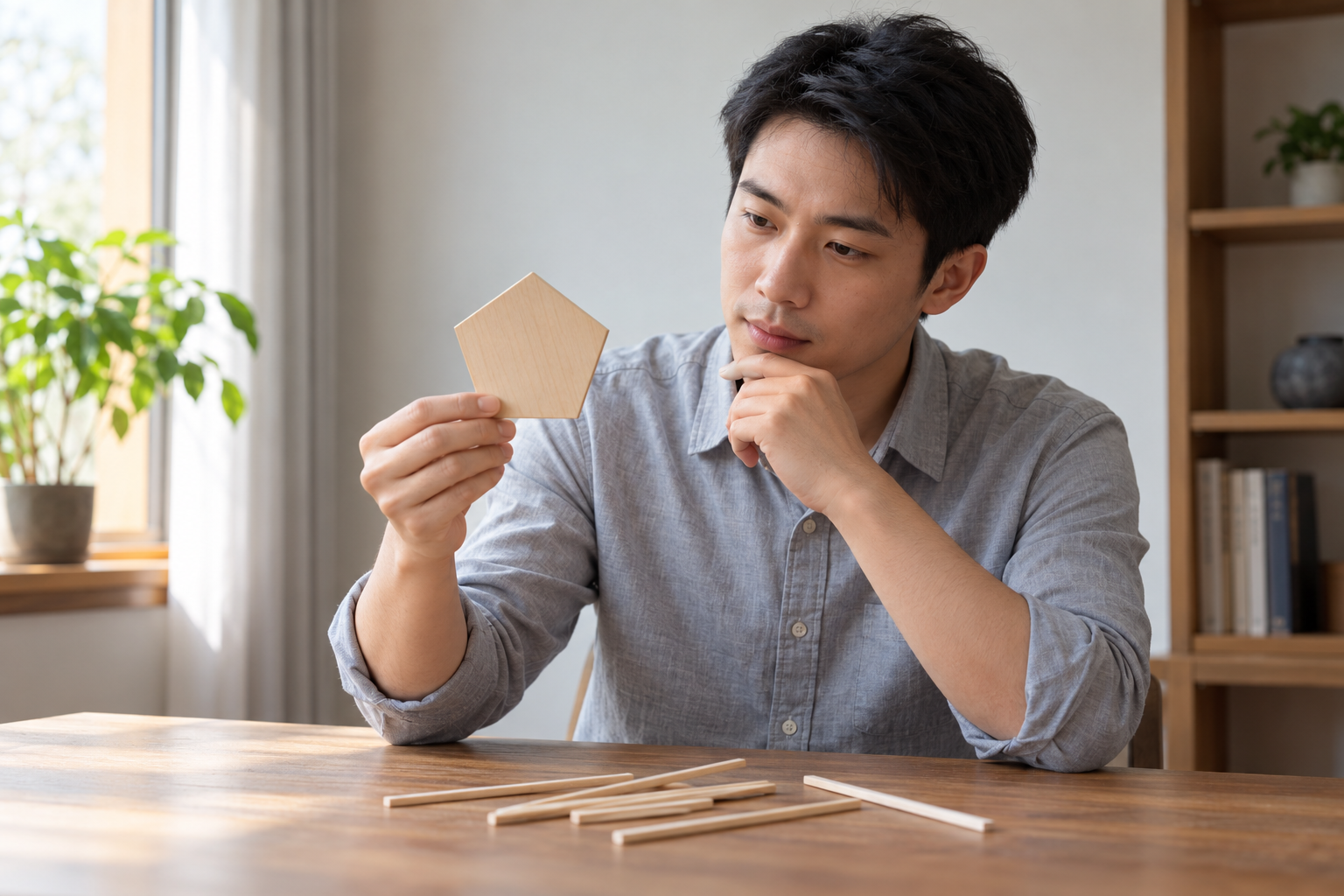 虚构中国成年男教师观察素面五边形木片和细木杆