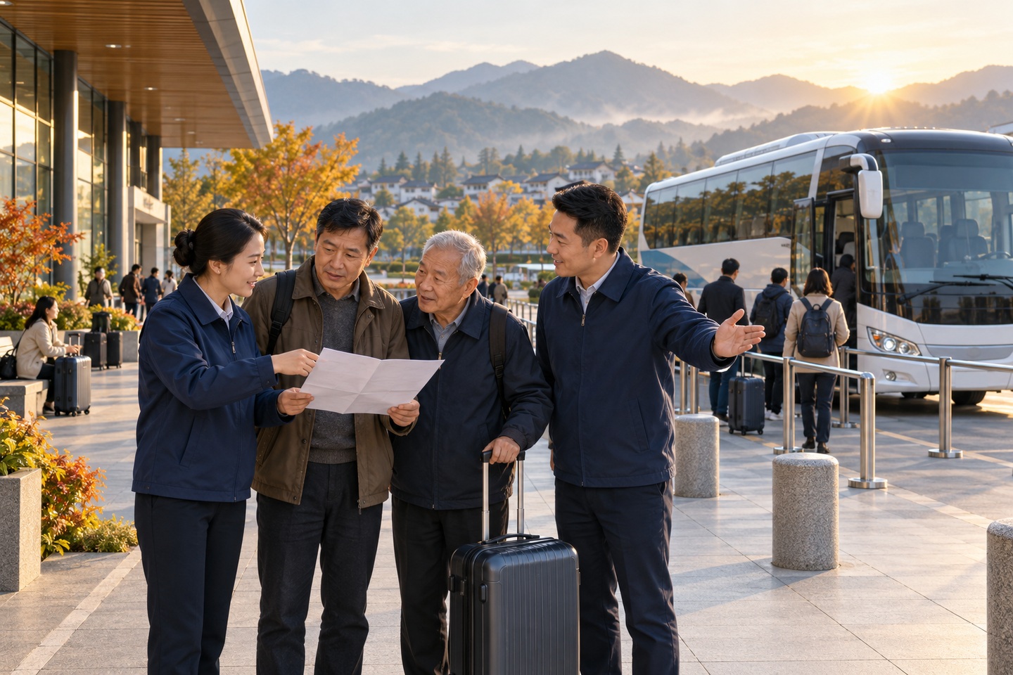 客运站工作人员向旅客说明乘车安排的示意场景