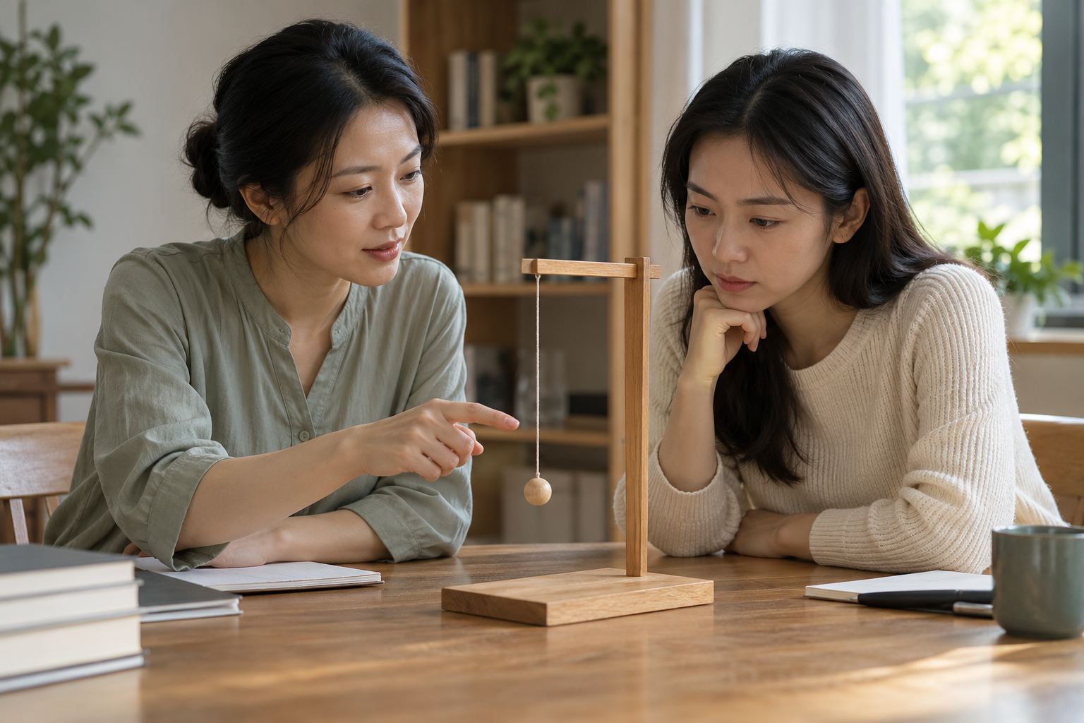 虚构中国成年女教师与成年考生在桌旁观察素面摆球和简易支架