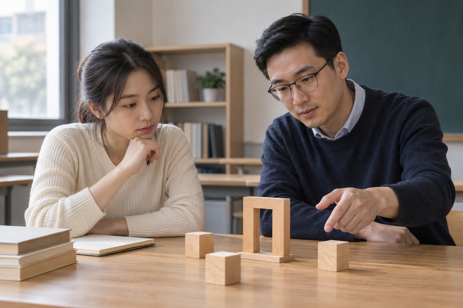 中国成年男教师和女考生在桌上观察无字木门模型与木块并讨论观看方向