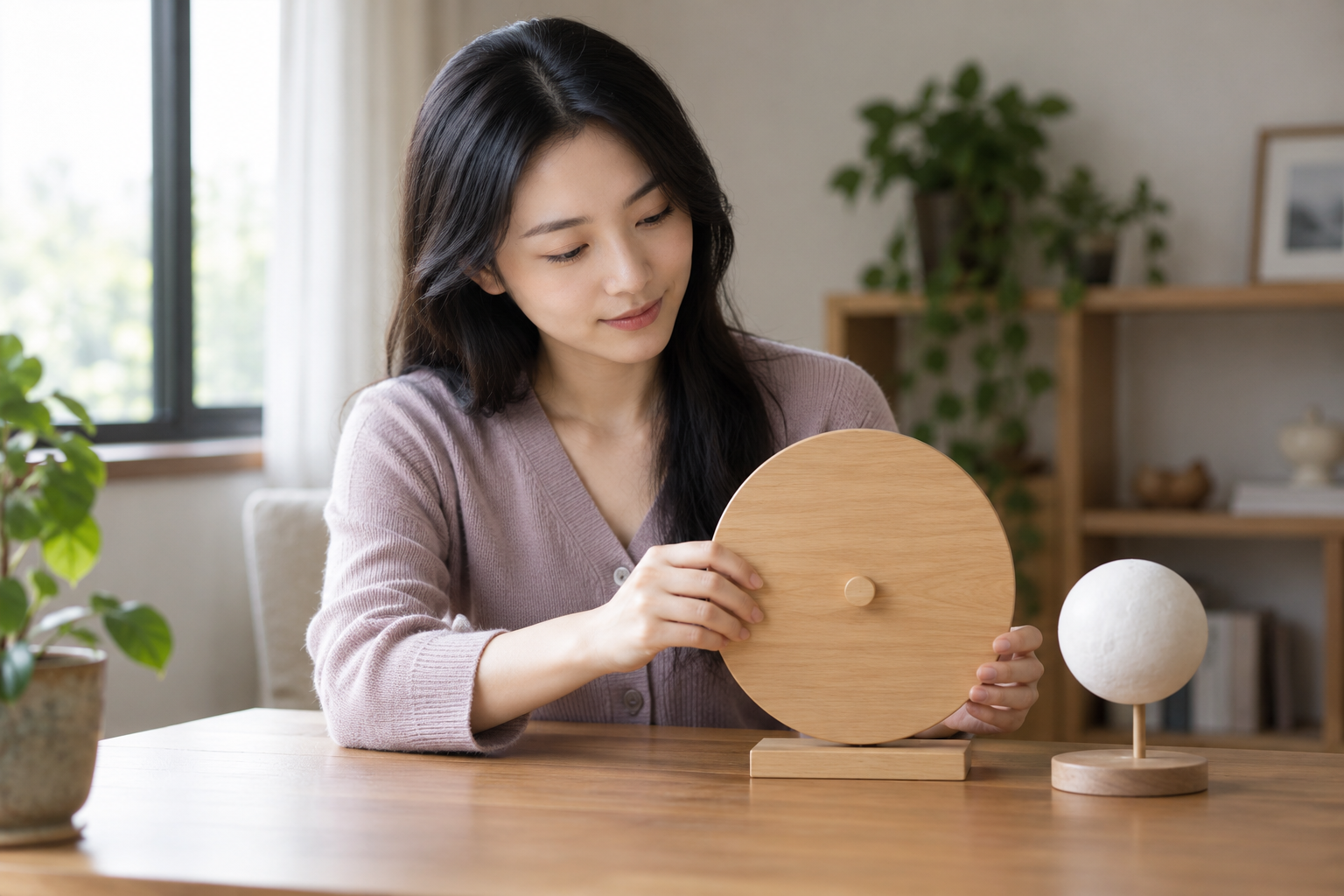 虚构中国成年女性比较无刻度木圆盘与素色球体，思考日期和瞬间