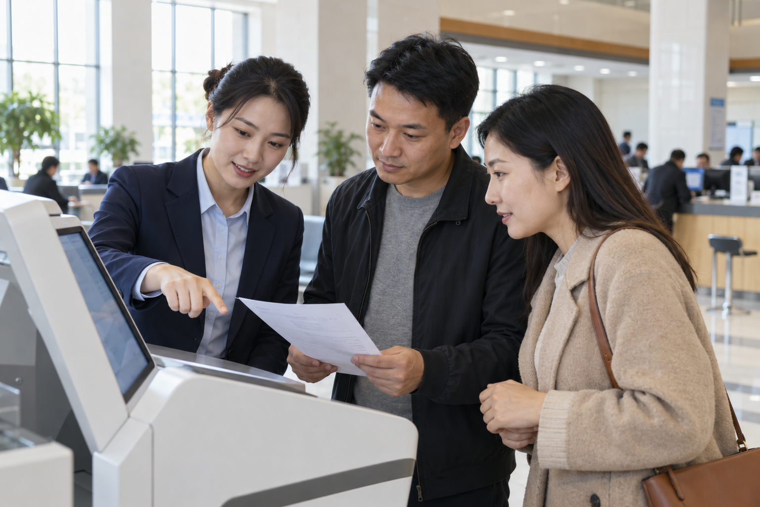 AI教学示意：成年服务人员与市民共同核对智能终端建议