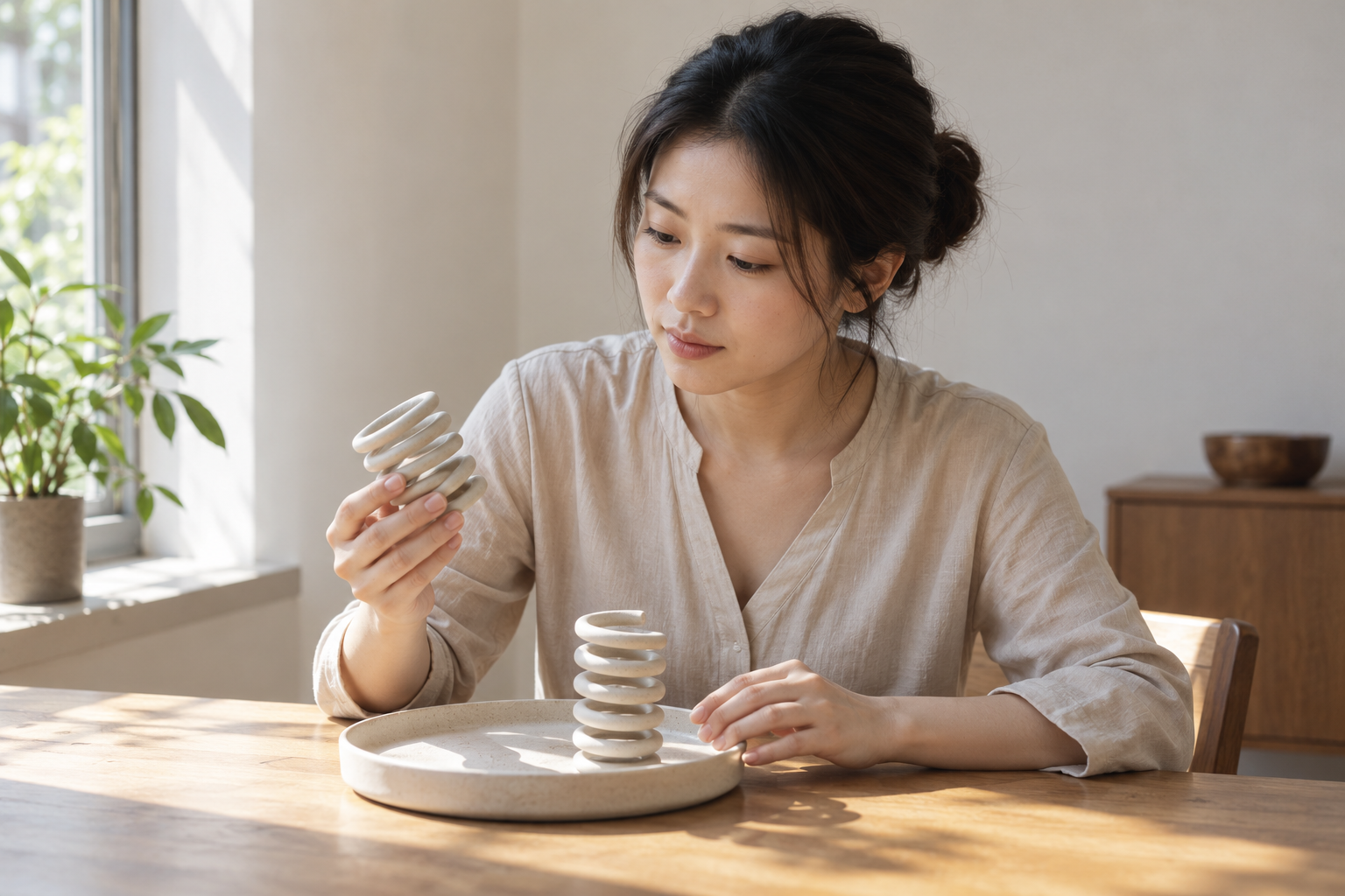 虚构中国成年女考生在书桌旁观察未通电且不发热的陶瓷线圈形道具