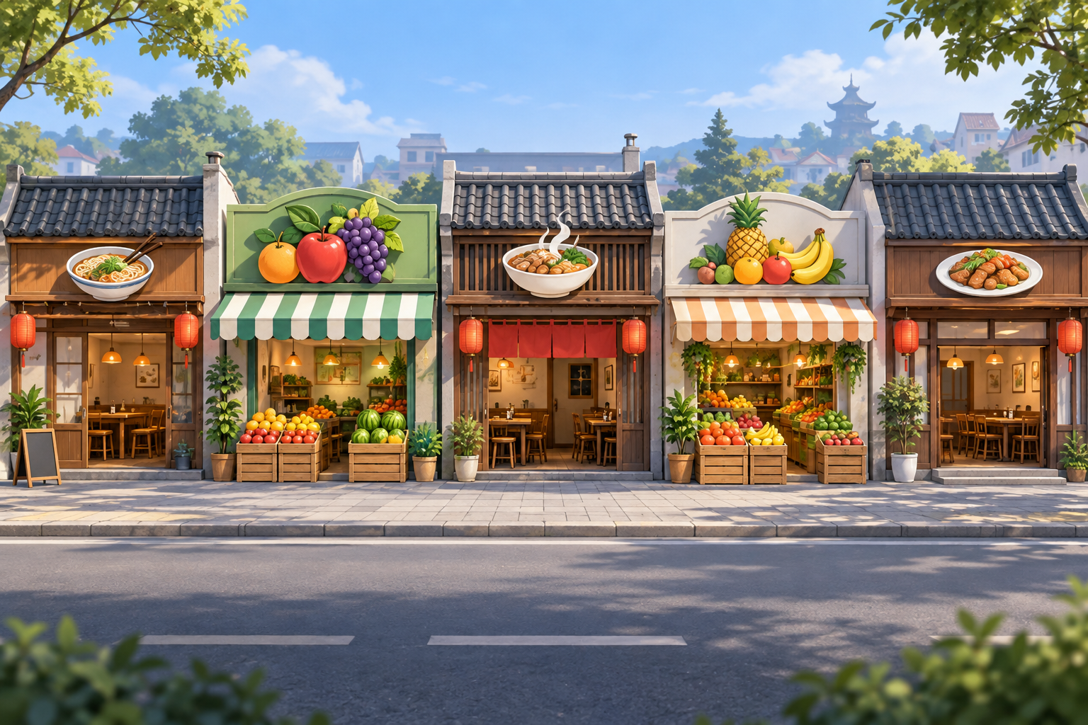 先把双铺餐厅看成一块，再安排四个租户主题插画