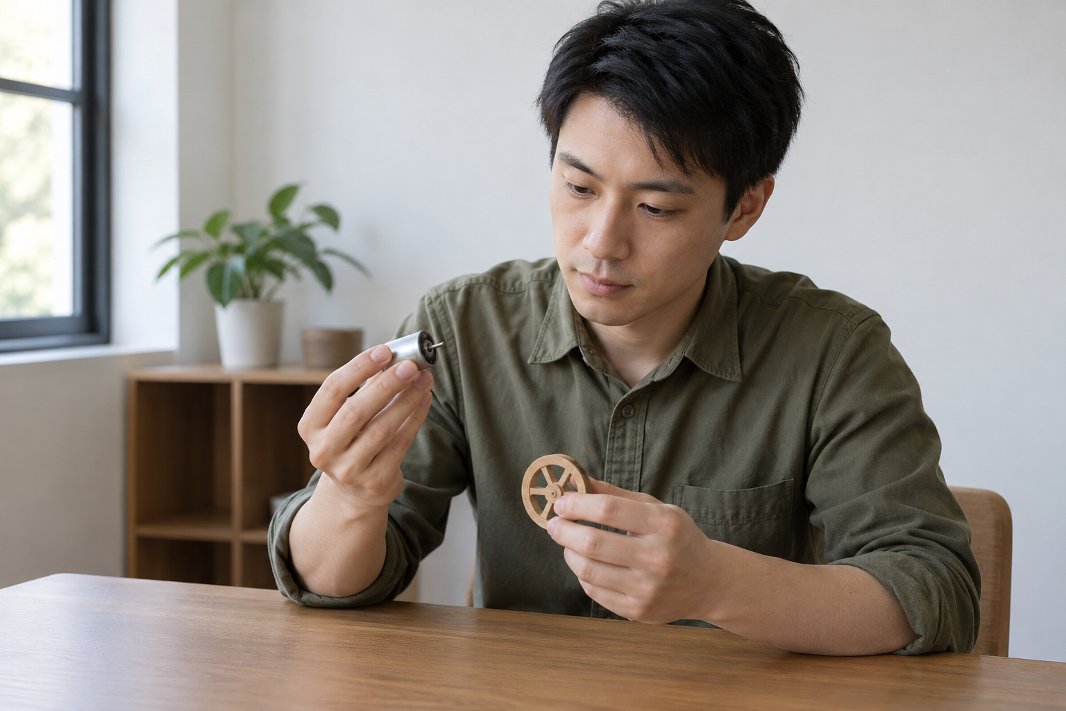 虚构中国成年男教师在书桌旁观察未连接的小型电机与木轮道具