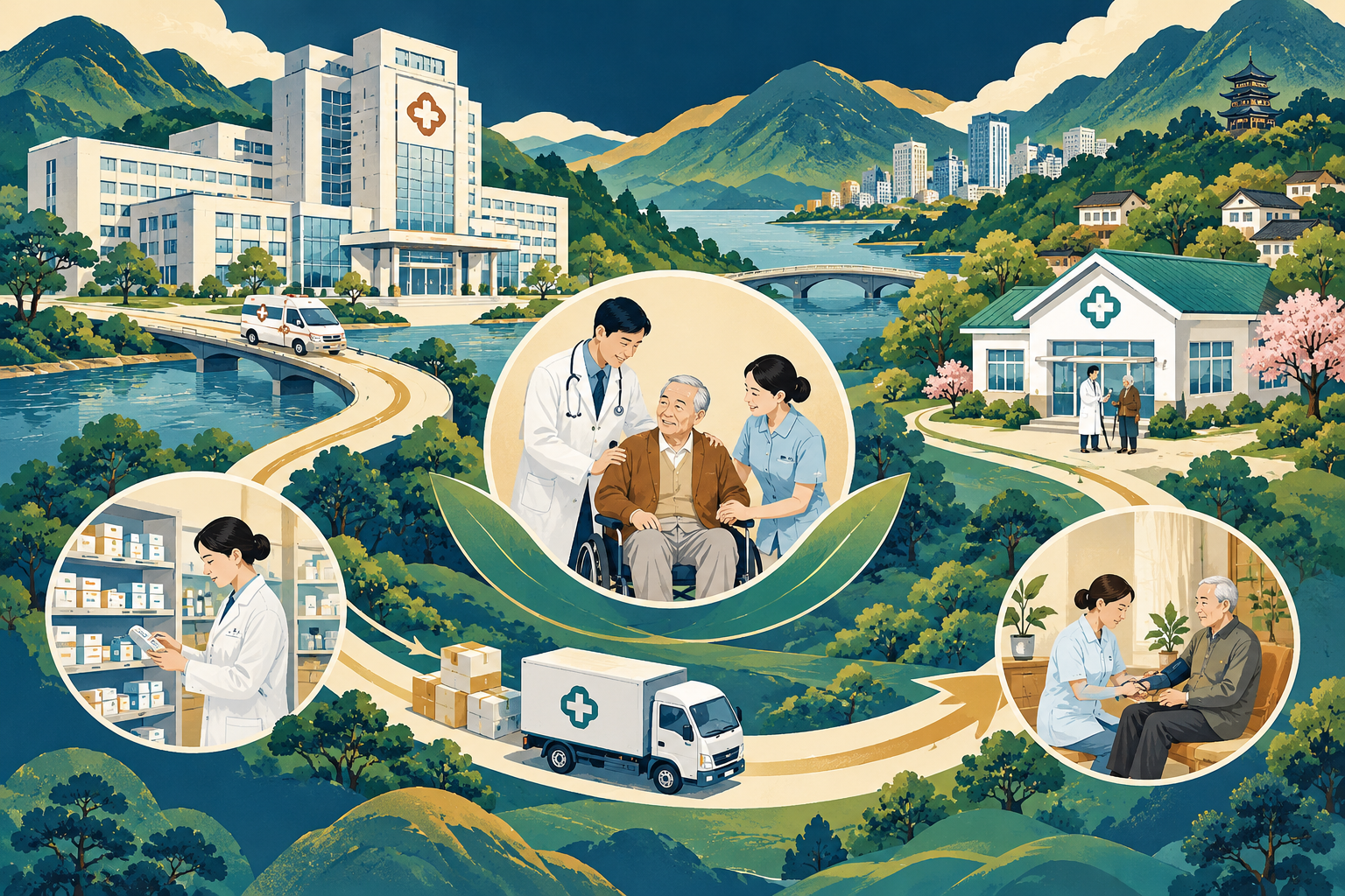 医院与基层医疗协同服务的教育插画