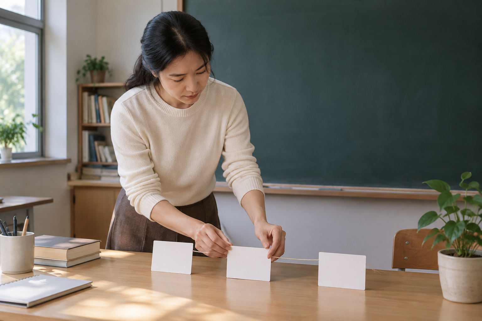 中国成年考生在教室白板前用无文字节点卡核对条件链连接处
