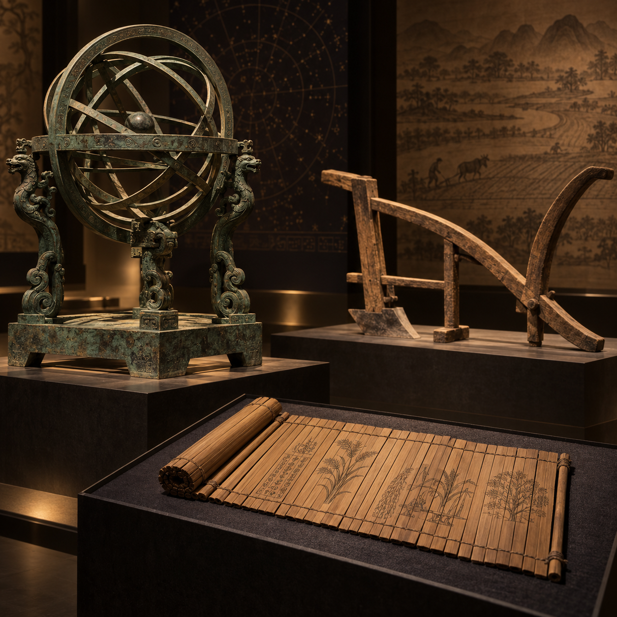 古代天文仪器、农具与竹简展览插画
