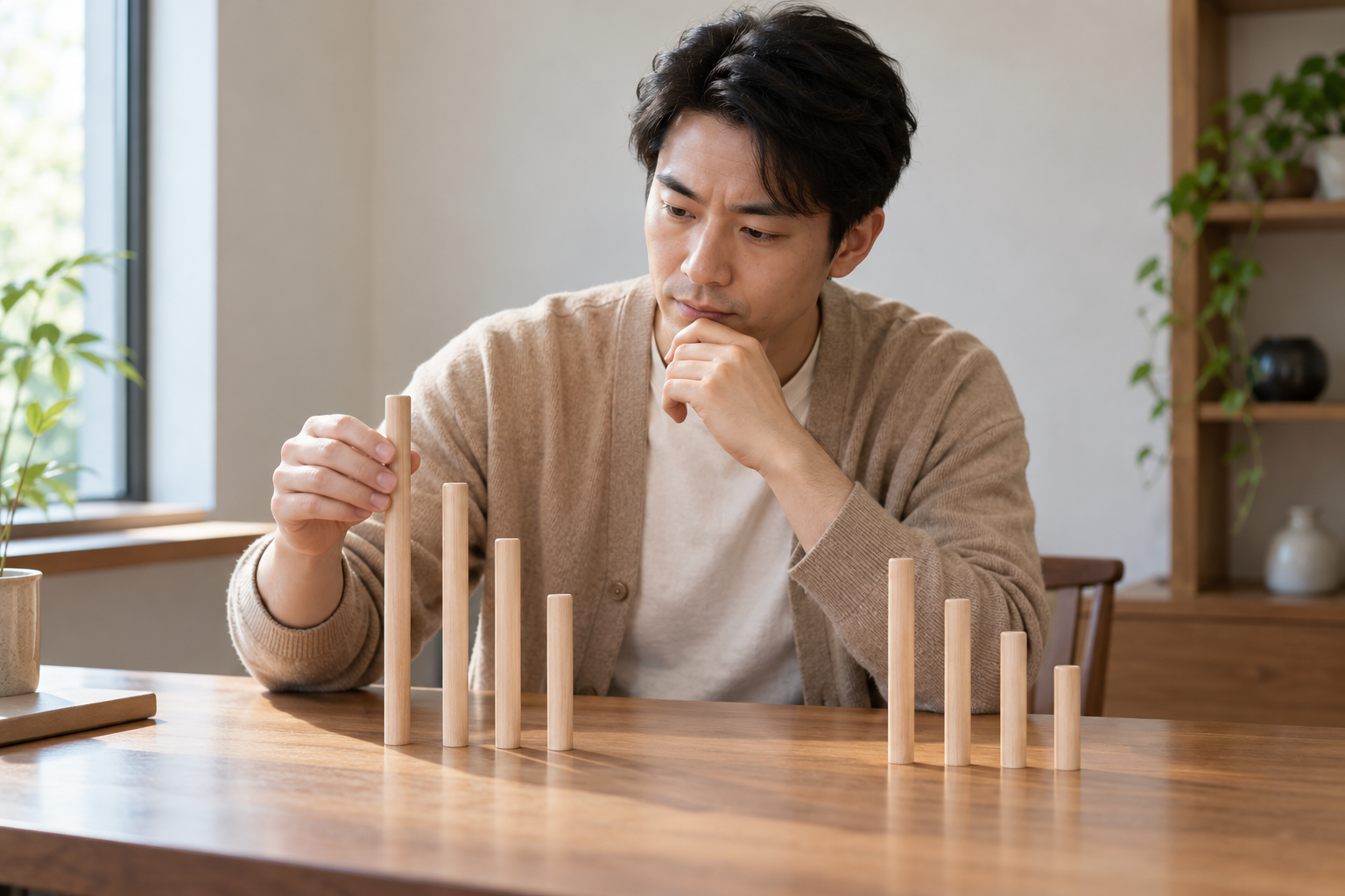 虚构中国成年男性教师在书桌前比较两组不同长度的素面木杆
