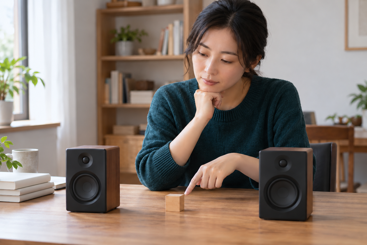 虚构中国成年女考生在学习桌前观察两只素面音箱与一个木制接收位置标记