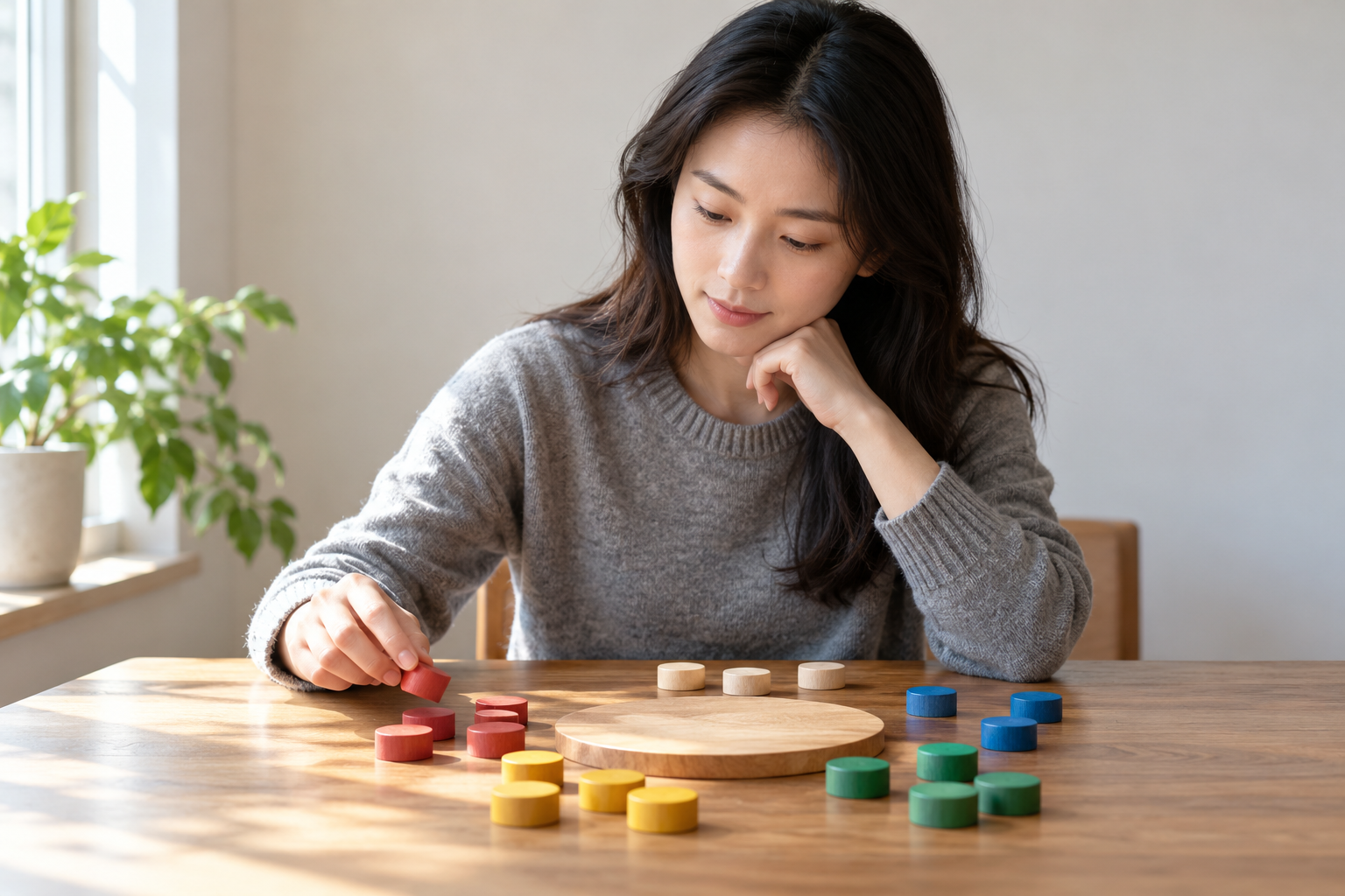 虚构中国成年女考生在圆形木垫旁观察围成环状的无字彩色木块