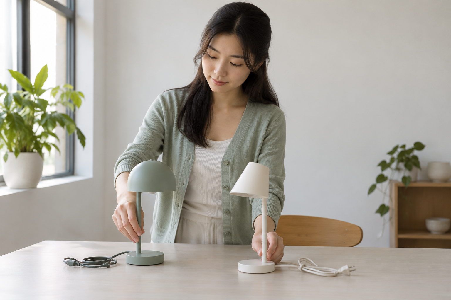 虚构中国成年女考生在桌面摆放两盏未点亮的小台灯与未连接线材