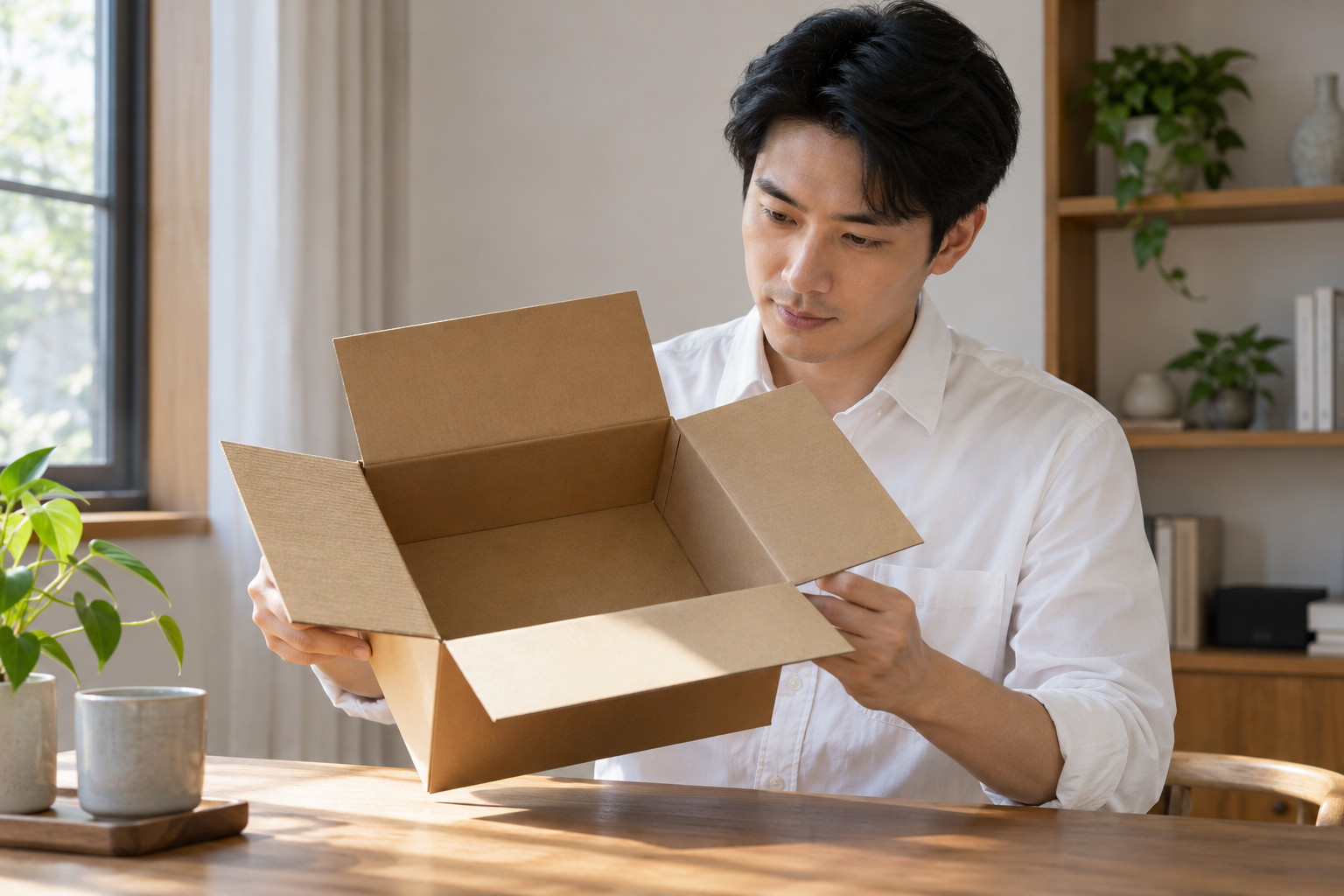 虚构中国成年男教师观察打开素面盖片的长方形纸盒