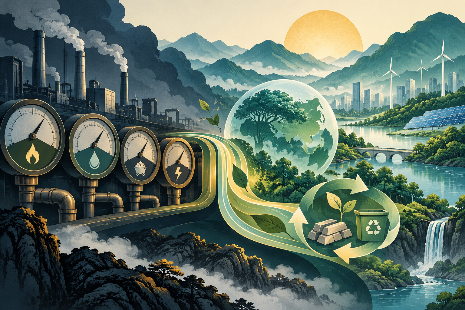 能源消费与碳排放管理转型的绿色系统插画