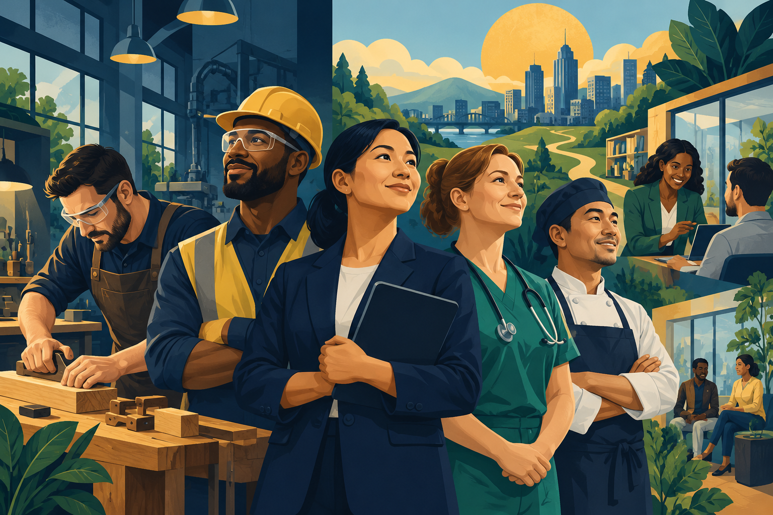 职业技能与就业权益保障的教育插画