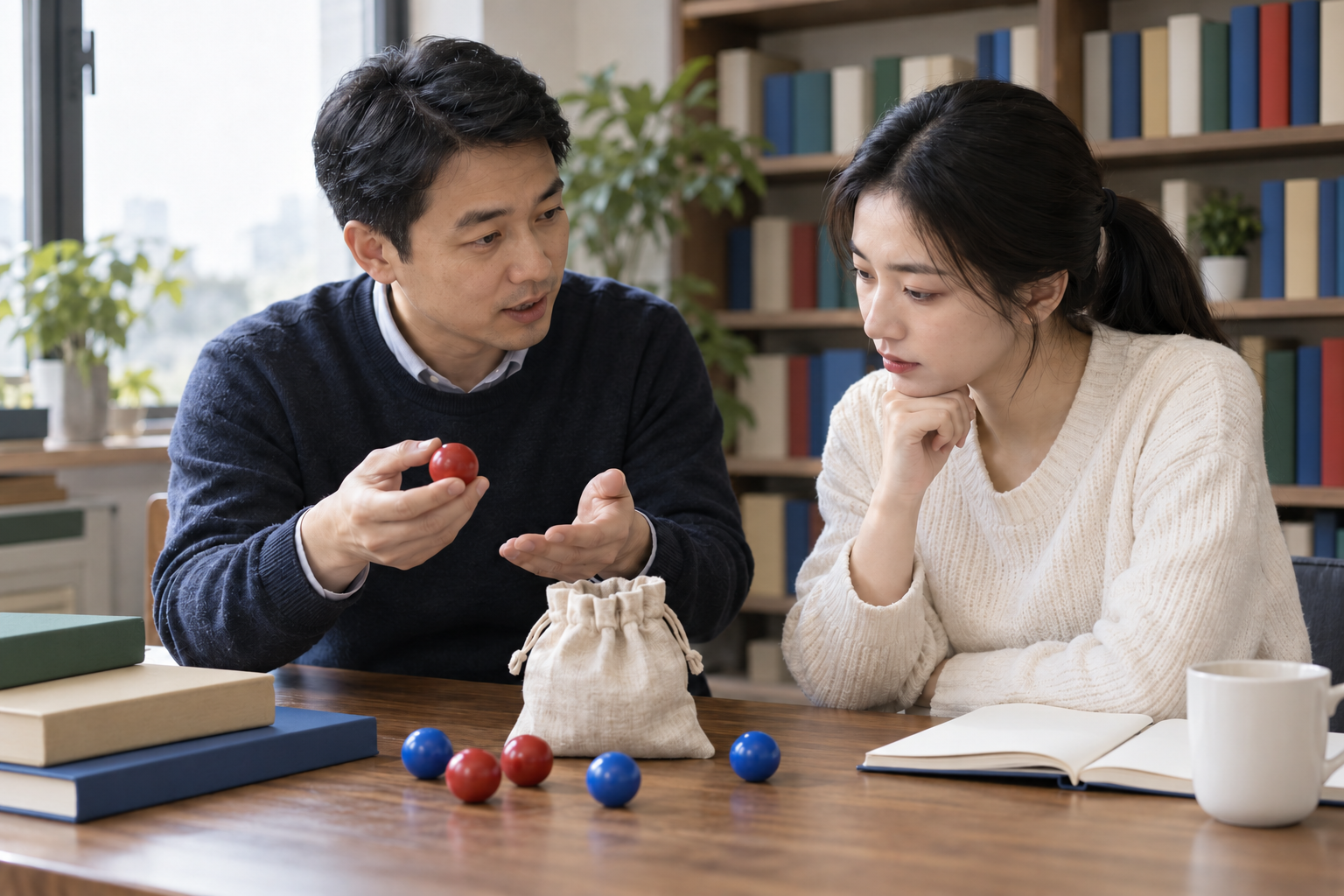 中国成年教师与考生在桌旁用无品牌布袋和红蓝木球讨论重复抽取