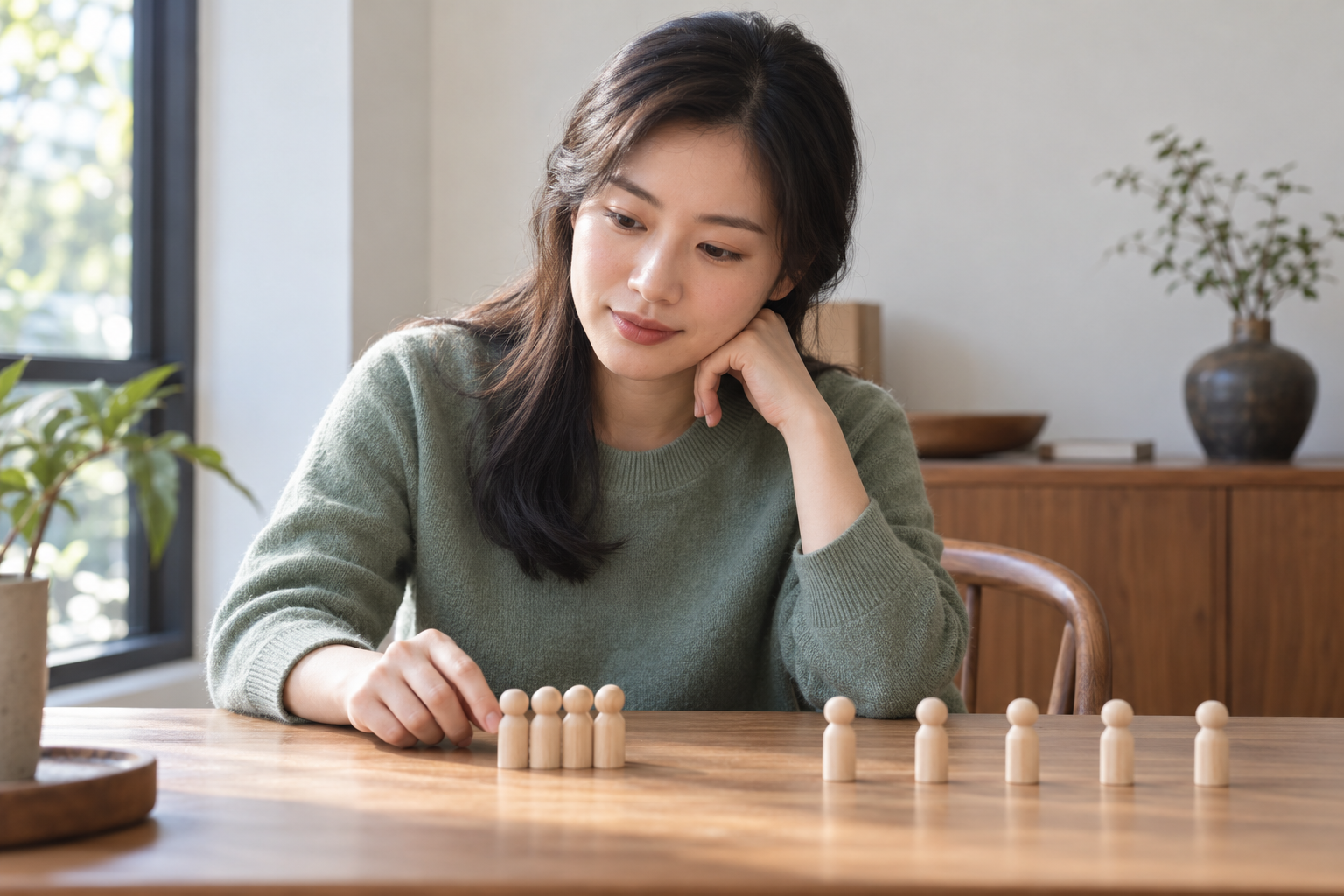 虚构中国成年女性比较桌面上集中排列与分散排列的木质小柱