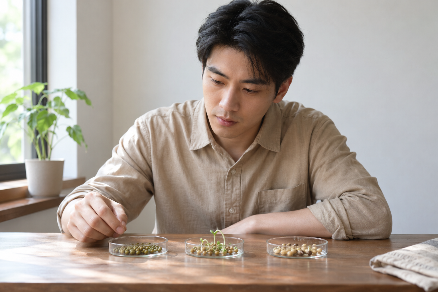 成年男性考生对照三只透明浅皿中的种子与幼芽