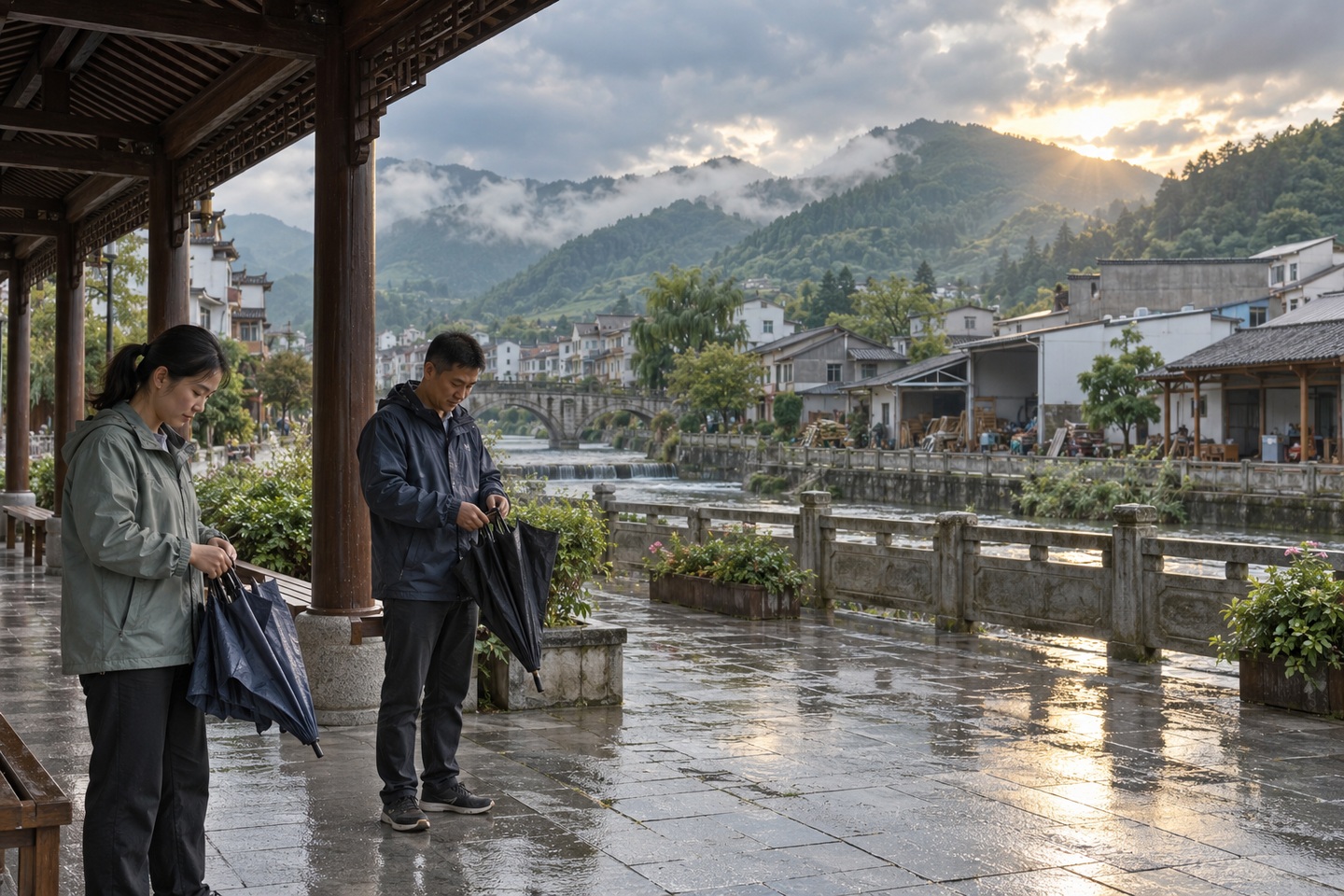雨后小城廊下居民收伞的示意场景