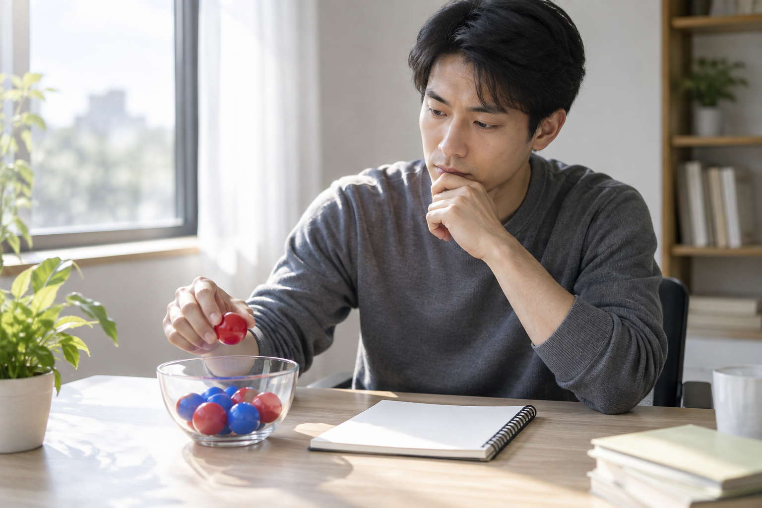 成年考生从装有红蓝小球的透明碗中取球，学习不放回抽取概率