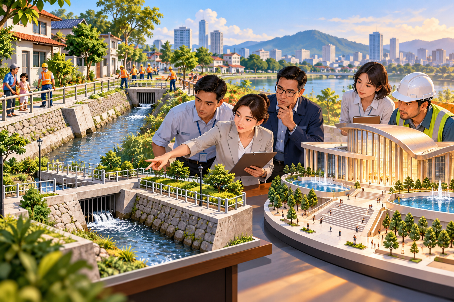 实际民生基础建设与外观工程对照的插画