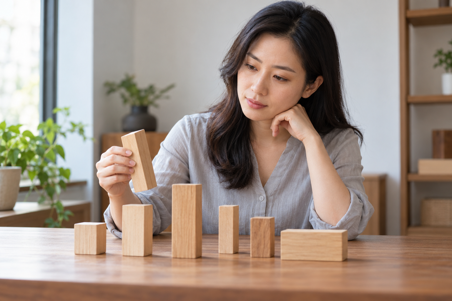 虚构中国成年女性观察桌上宽度和高度不同的素面木块