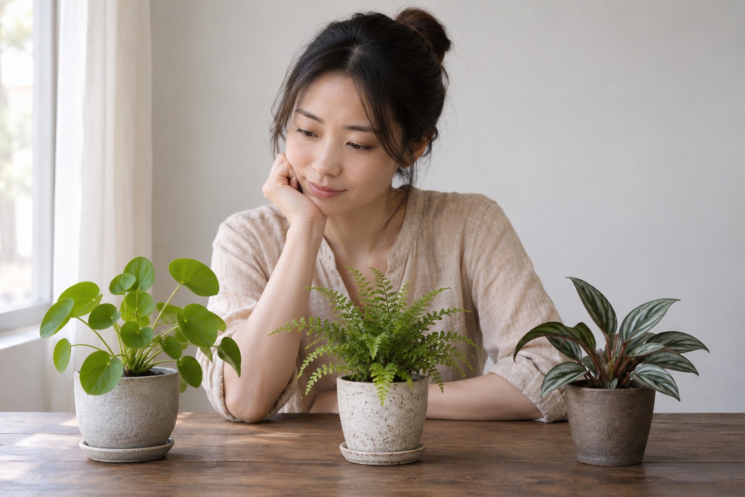 成年女性考生比较三盆叶形不同的绿植以学习生物多样性层次