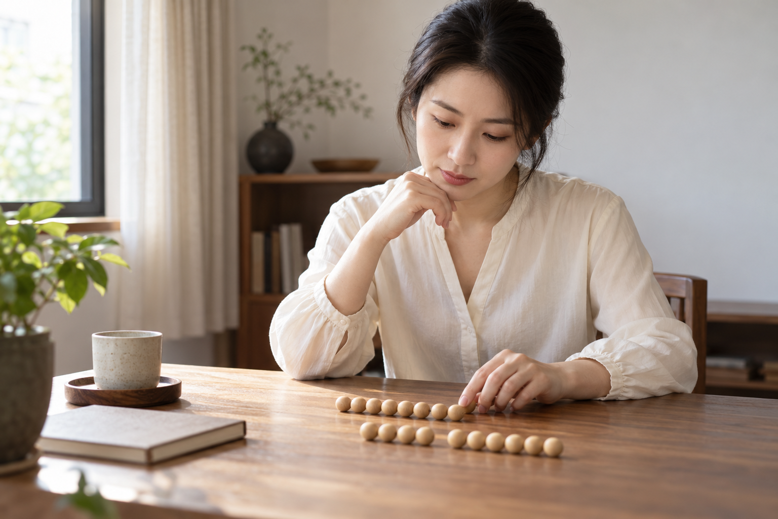 虚构中国成年女性在书桌上比较两排素面木珠的中央位置