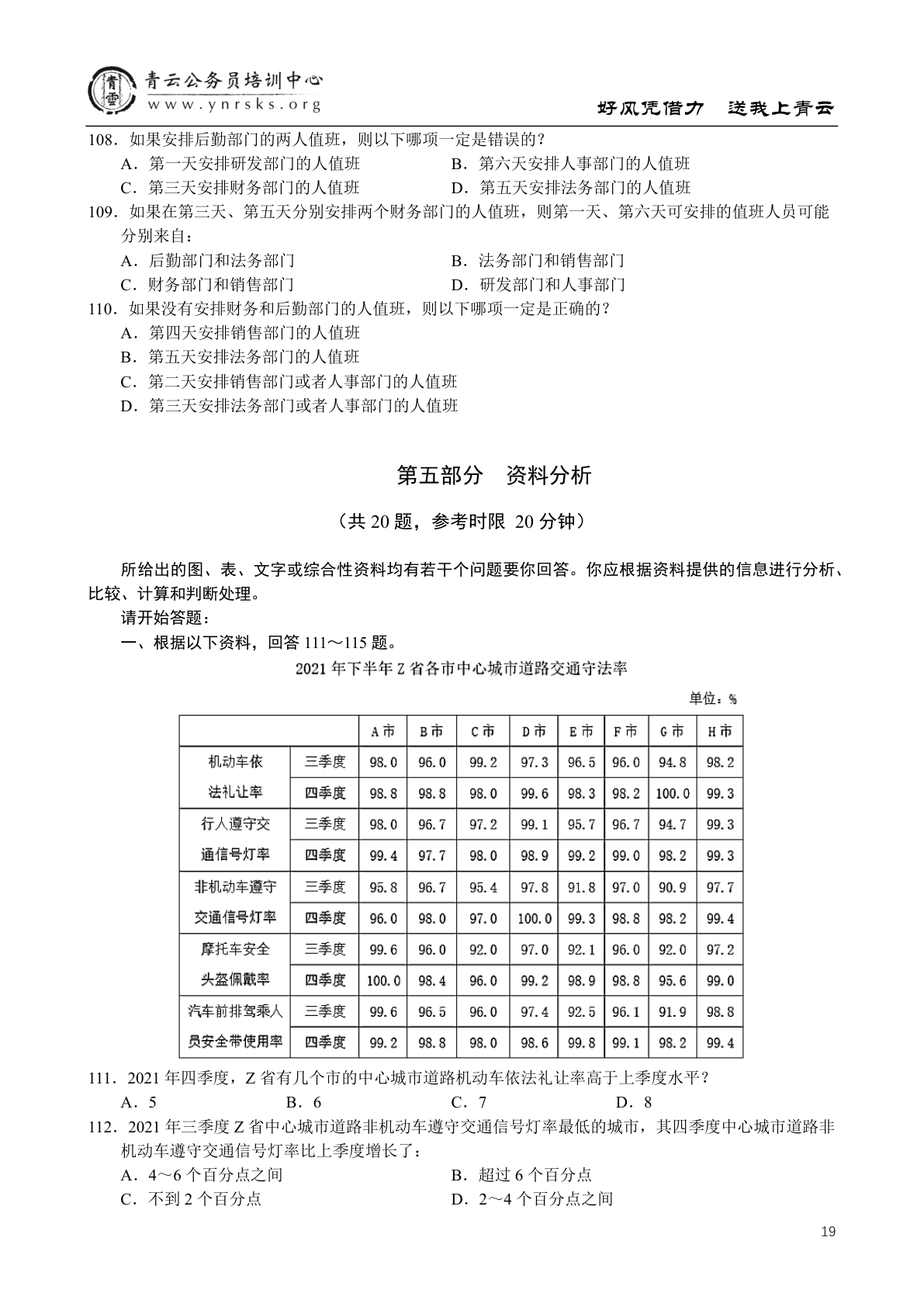 2023国考地市级资料分析111-115题原页第19页，保留图表、单位、题干和选项。
