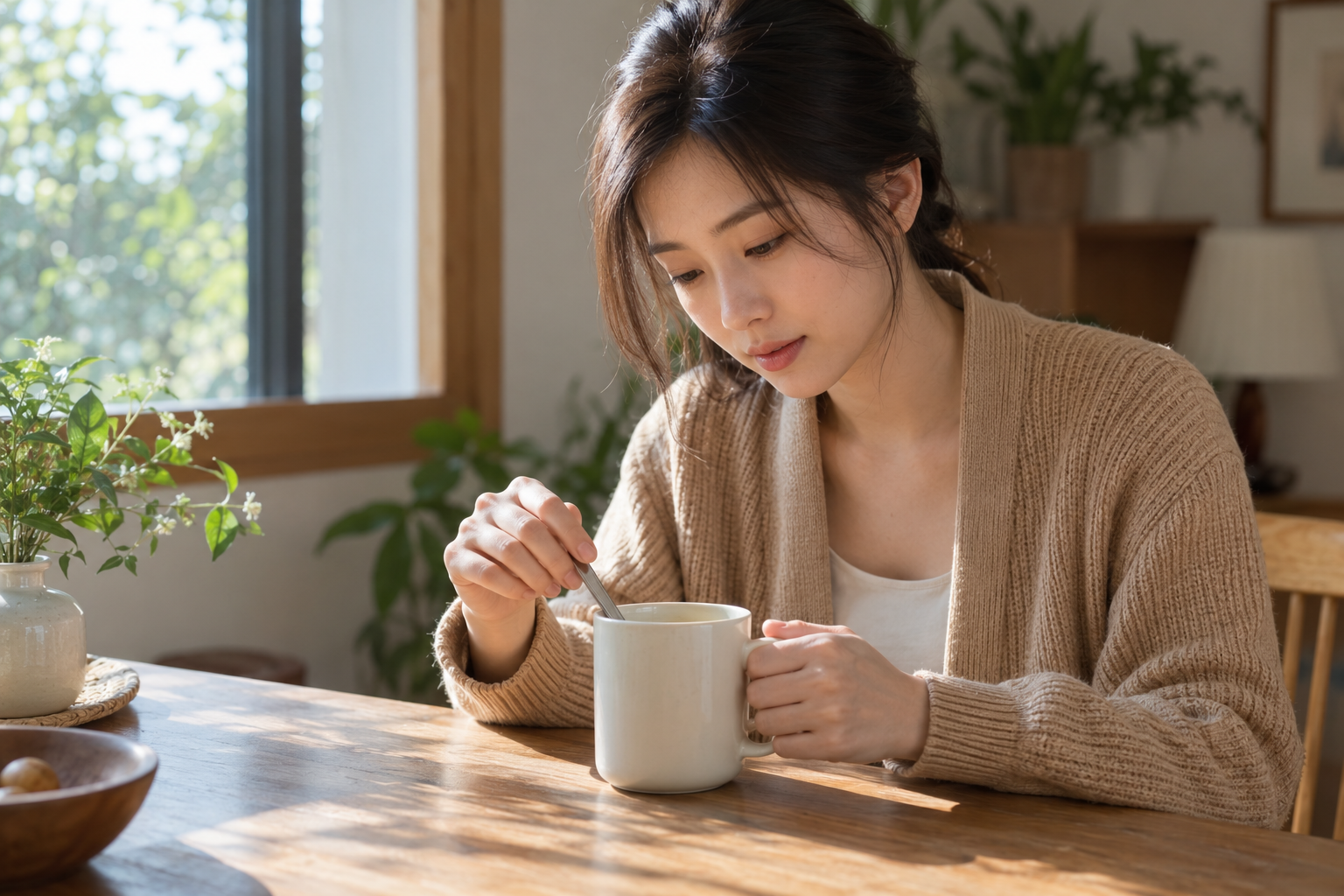 中国成年女考生在有柔和日光的家中桌旁观察陶瓷杯与金属勺