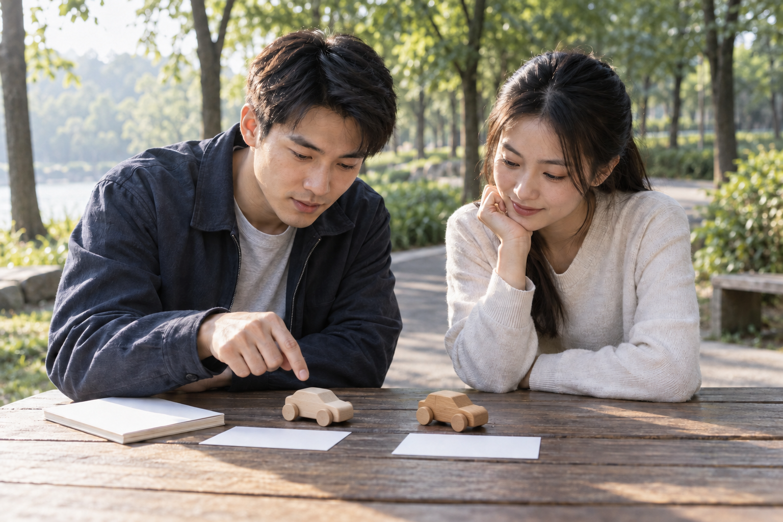 两位成年考生在公园桌边用无字模型演示晚出发的追及关系