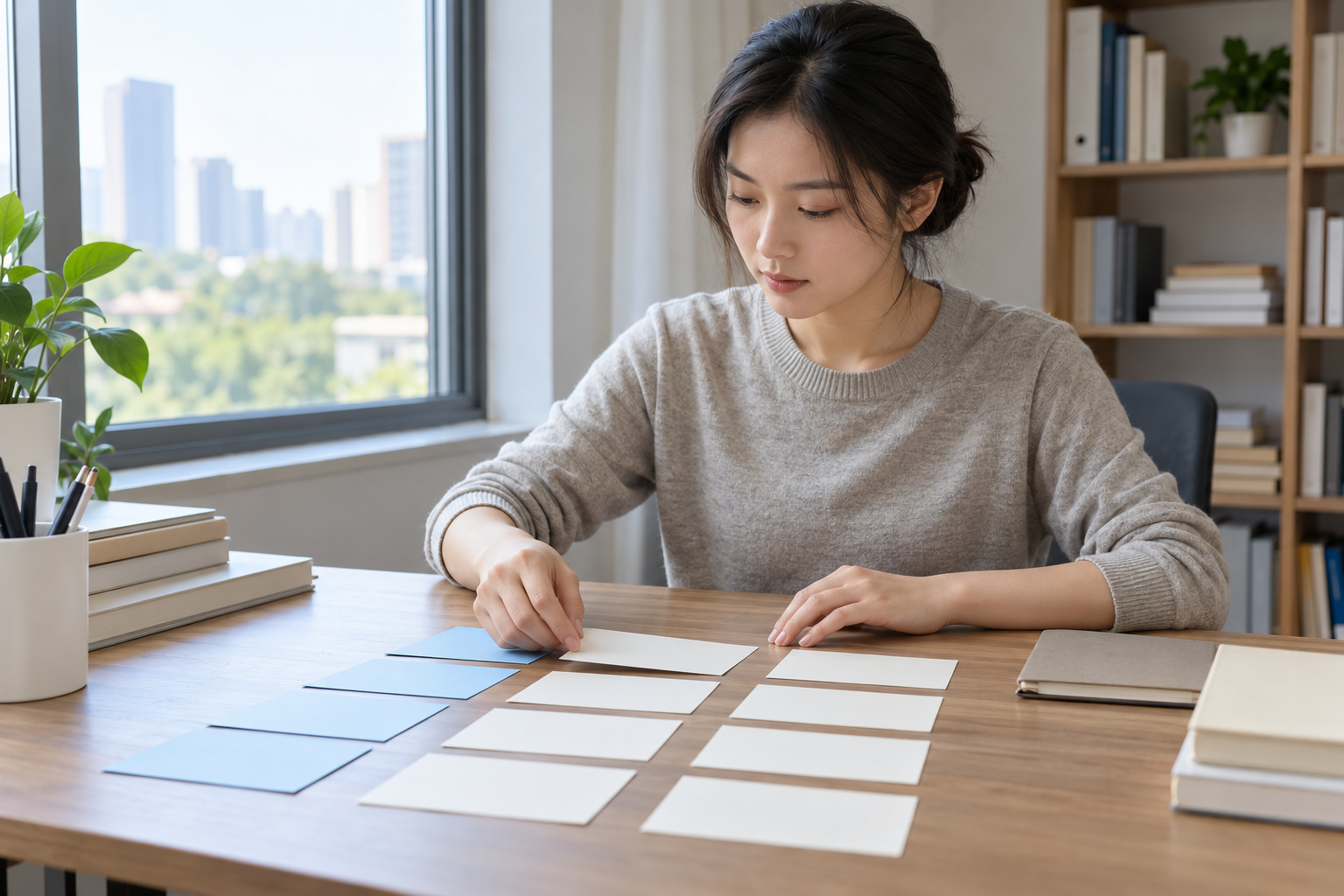 中国成年考生在窗边用无字时间卡和分类卡梳理申论变化