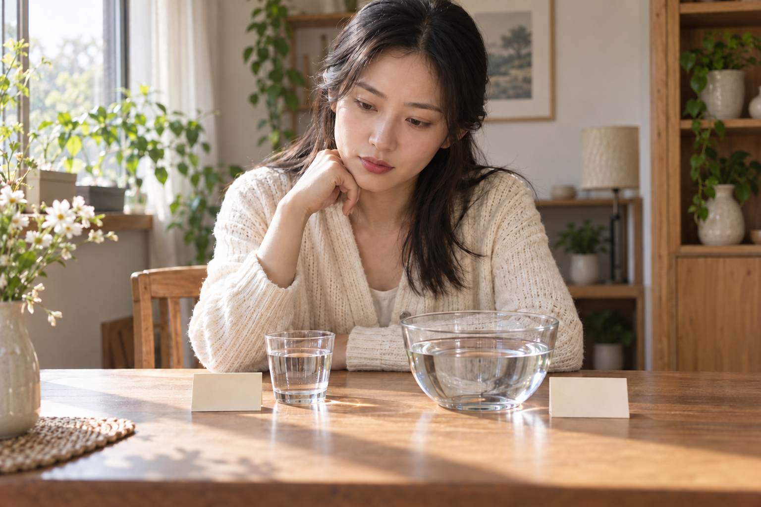 中国成年女考生在家中书桌旁比较一小杯与一大碗清水