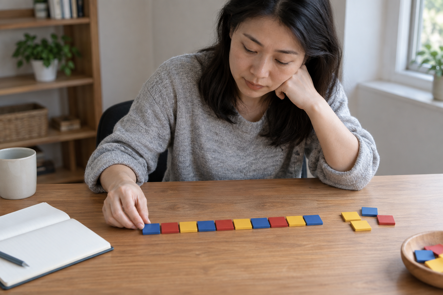 中国成年考生在书桌前排列无文字彩色木片分析循环位置
