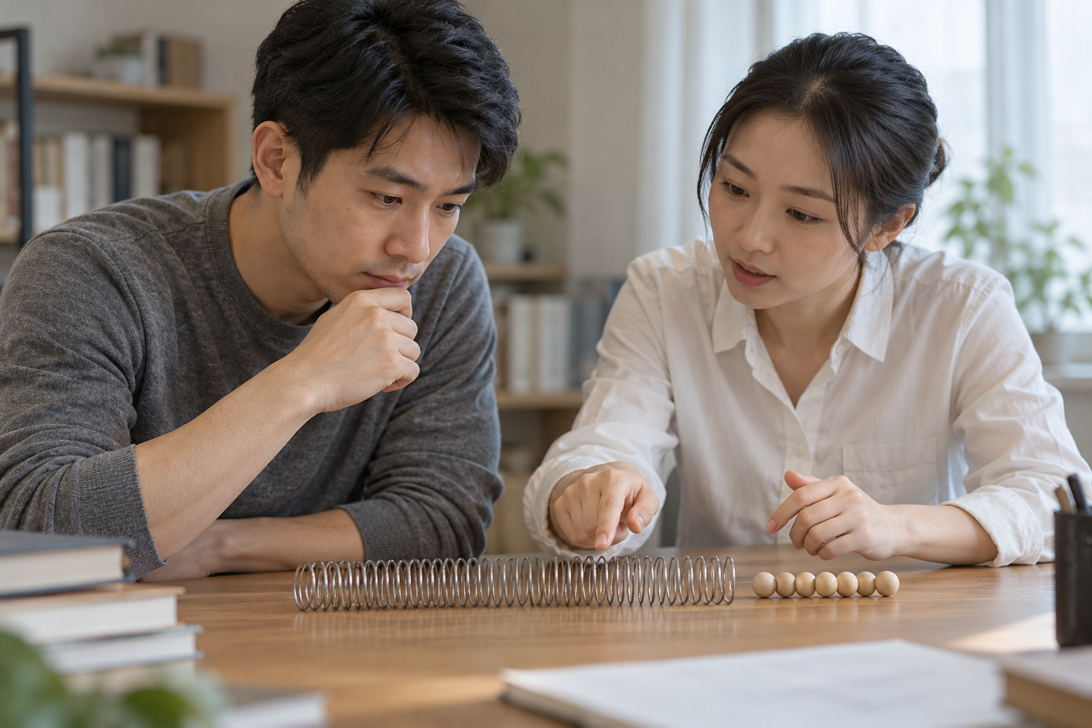 虚构中国成年考生与教师在学习桌旁观察素面弹簧和排列木珠