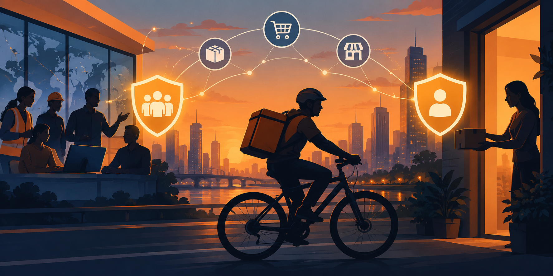 平台工作者与前端治理末端保障协同网络的插画