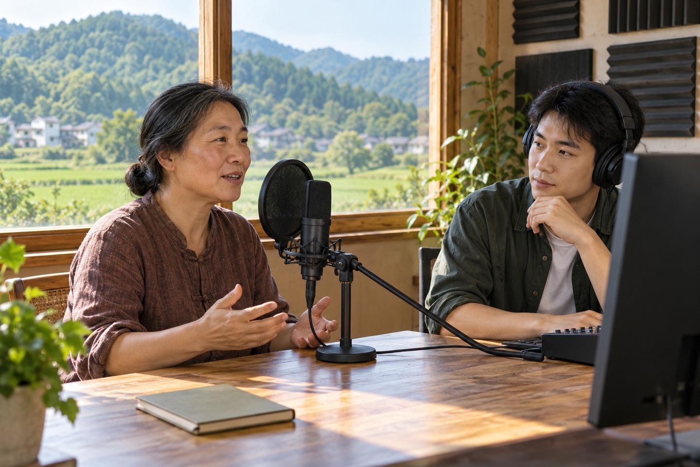 乡村声音录制与编辑交流示意场景