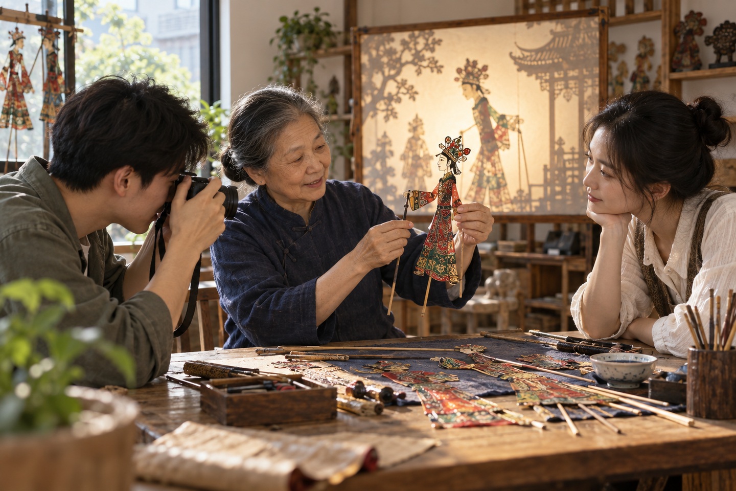 传统手艺人与青年在文化工坊交流皮影制作