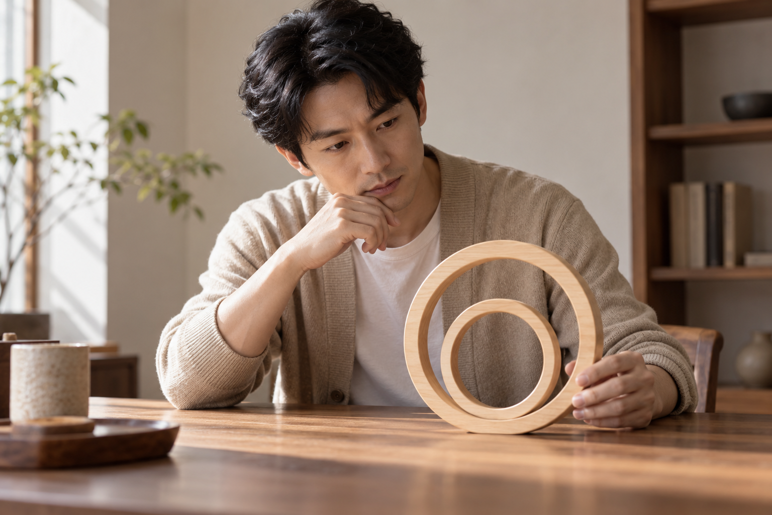 虚构中国成年男考生比较桌面上大小不同的素面木环