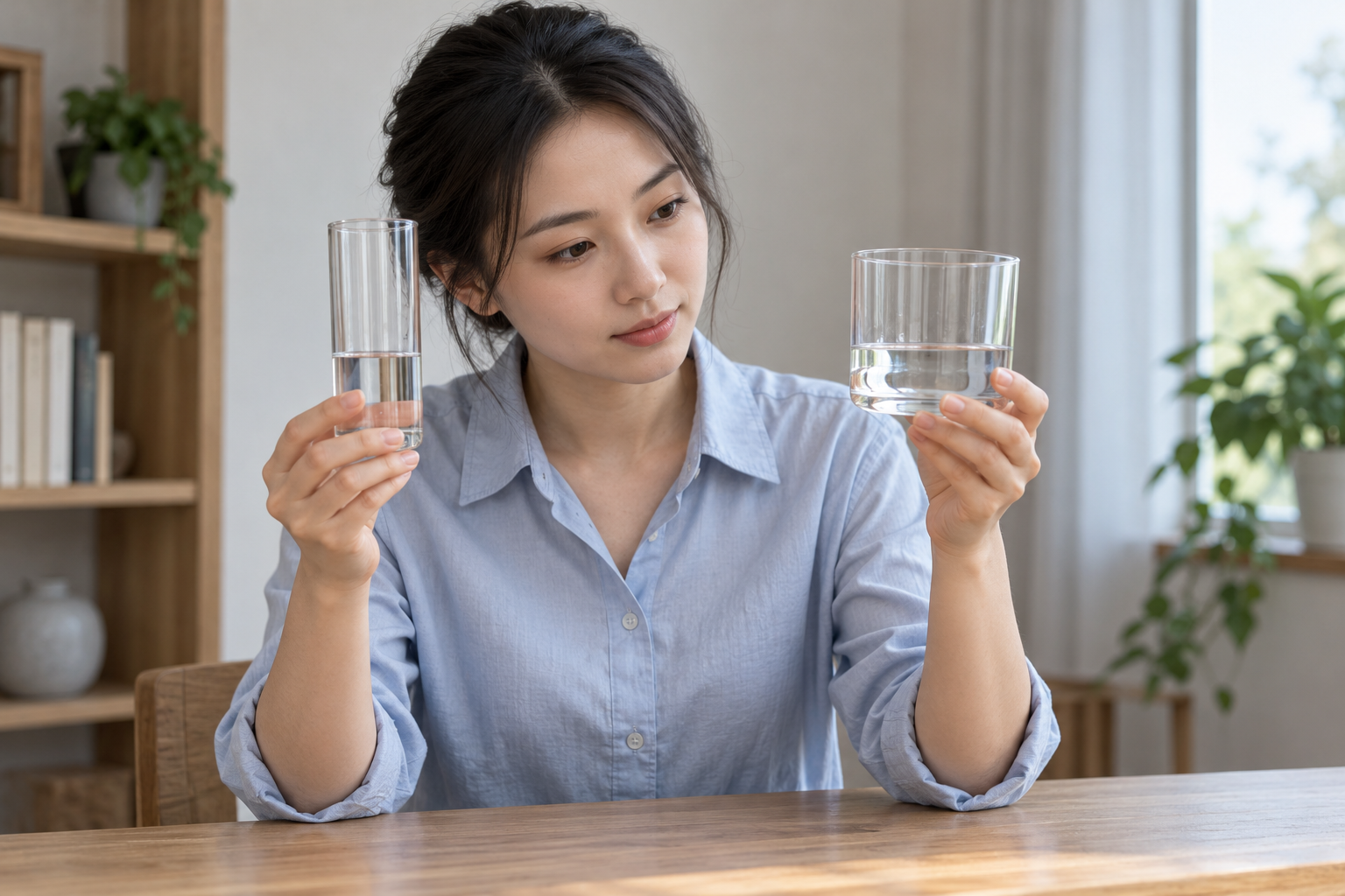虚构中国成年女考生比较两个宽度不同且盛有清水的透明圆柱杯