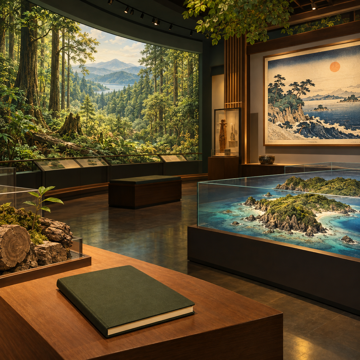 森林、年画与海岛模型组成的展厅插画